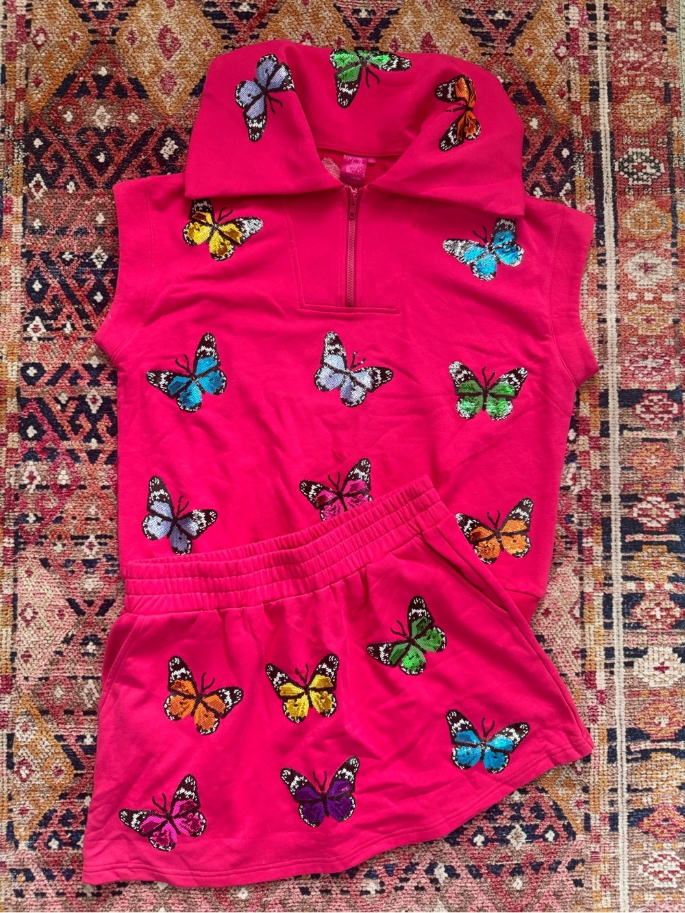Queen of Sparkles Multi Butterfly Collar Top and Skort Set In Hot Pink - Picture 2 of 3
